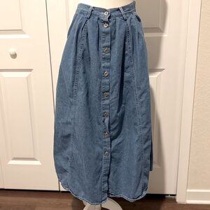 100% Cotton Denim A-line Button Down Maxi Skirt Belt Loops Pleated Natural Fiber